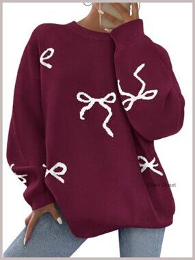 Oversized Chunky Knit Bow Print Long Sleeve Crew Neck Pullover Sweater